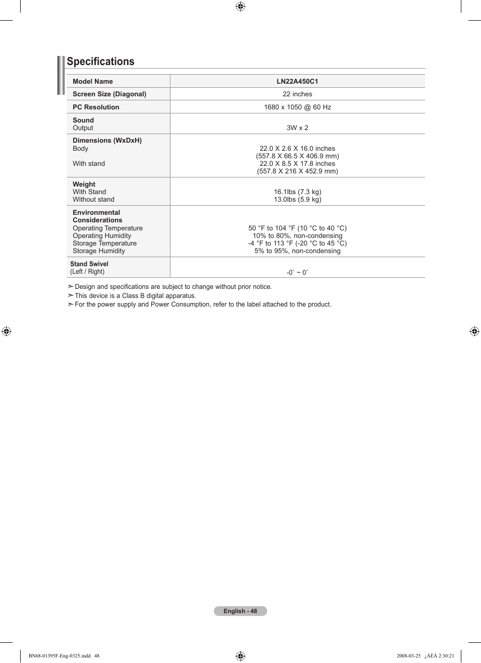 Specifications | Samsung LN22A450C1XZP User Manual | Page 50 / 101