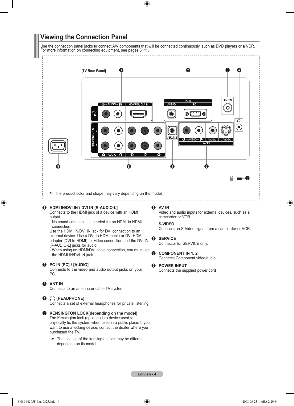 Viewing the connection panel | Samsung LN22A450C1XZP User Manual | Page 6 / 101