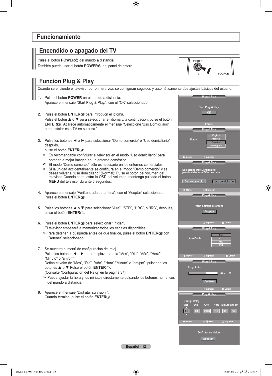Función plug & play, Encendido o apagado del tv, Funcionamiento | Samsung LN22A450C1XZP User Manual | Page 64 / 101
