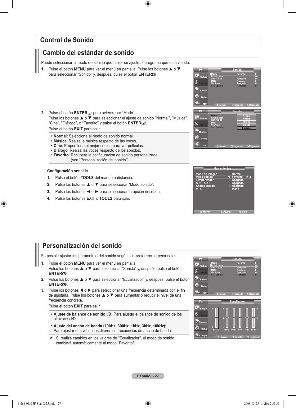 Personalización del sonido, Cambio del estándar de sonido, Control de sonido | Samsung LN22A450C1XZP User Manual | Page 79 / 101