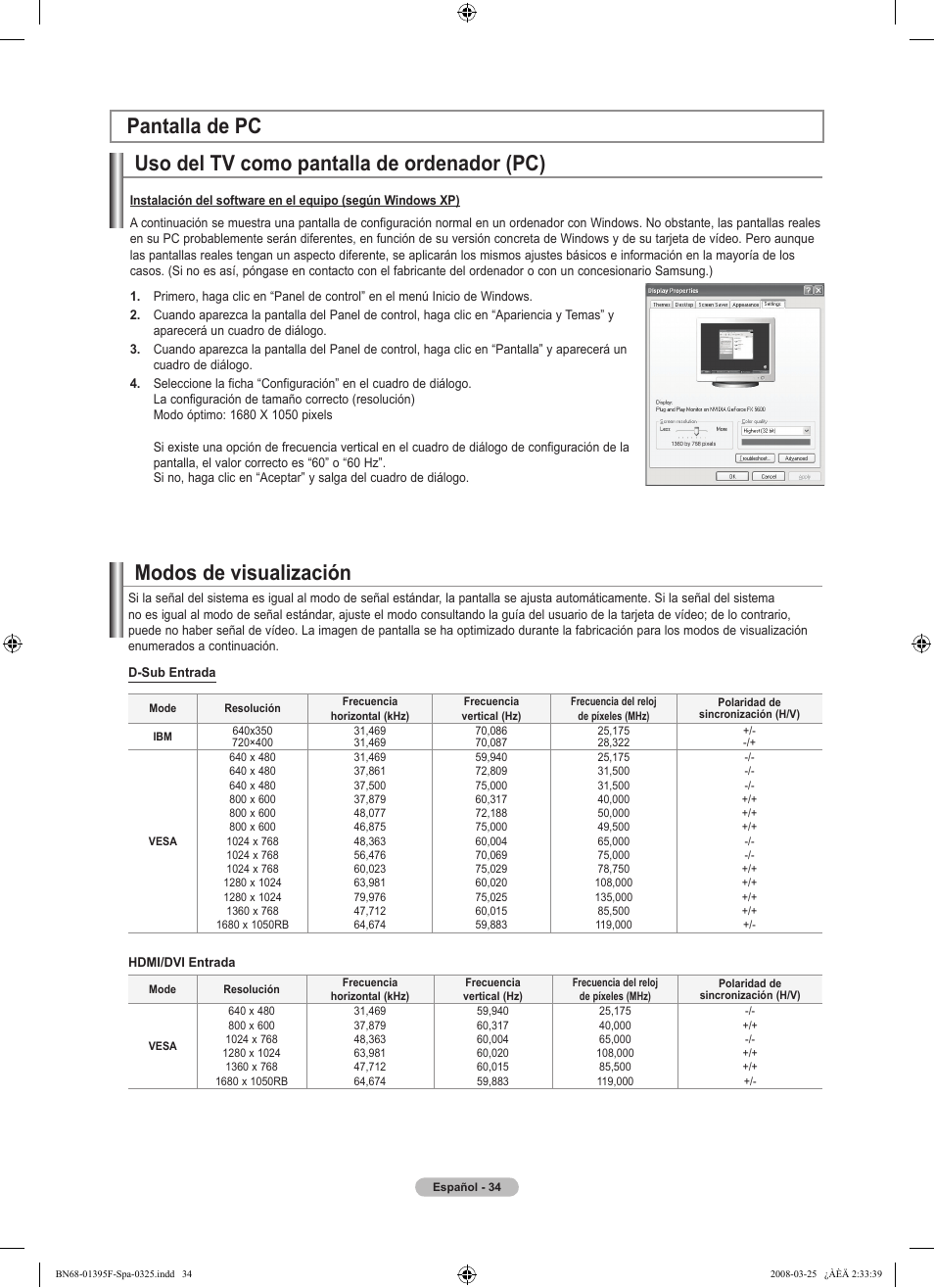Uso del tv como pantalla de ordenador (pc), Modos de visualización pantalla de pc | Samsung LN22A450C1XZP User Manual | Page 86 / 101