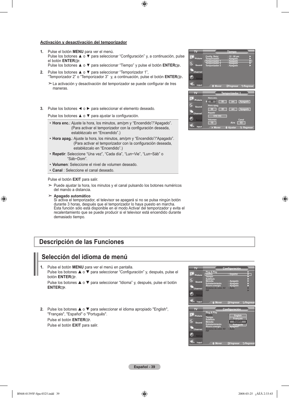 Selección del idioma de menú, Descripción de las funciones | Samsung LN22A450C1XZP User Manual | Page 91 / 101