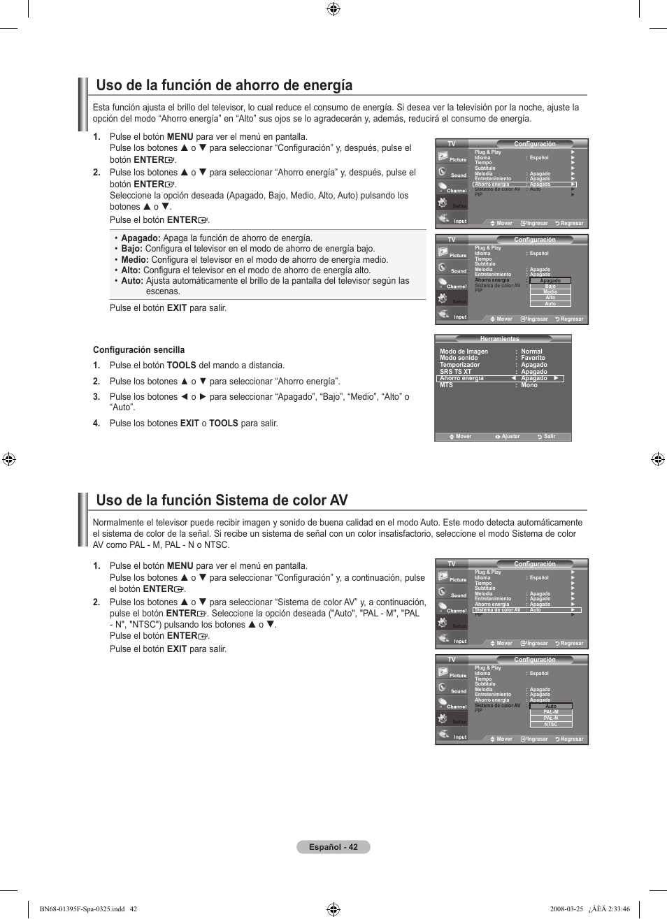 Uso de la función sistema de color av, Uso de la función de ahorro de energía | Samsung LN22A450C1XZP User Manual | Page 94 / 101