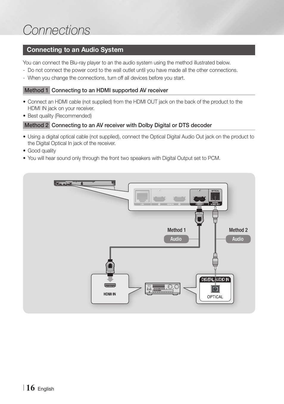 Connecting to an audio system, 16 connecting to an audio system, Connecting to an hdmi | Supported av receiver, Connecting to an av receiver, With dolby digital or dts decoder, Connections | Samsung BD-E6500-ZA User Manual | Page 16 / 58