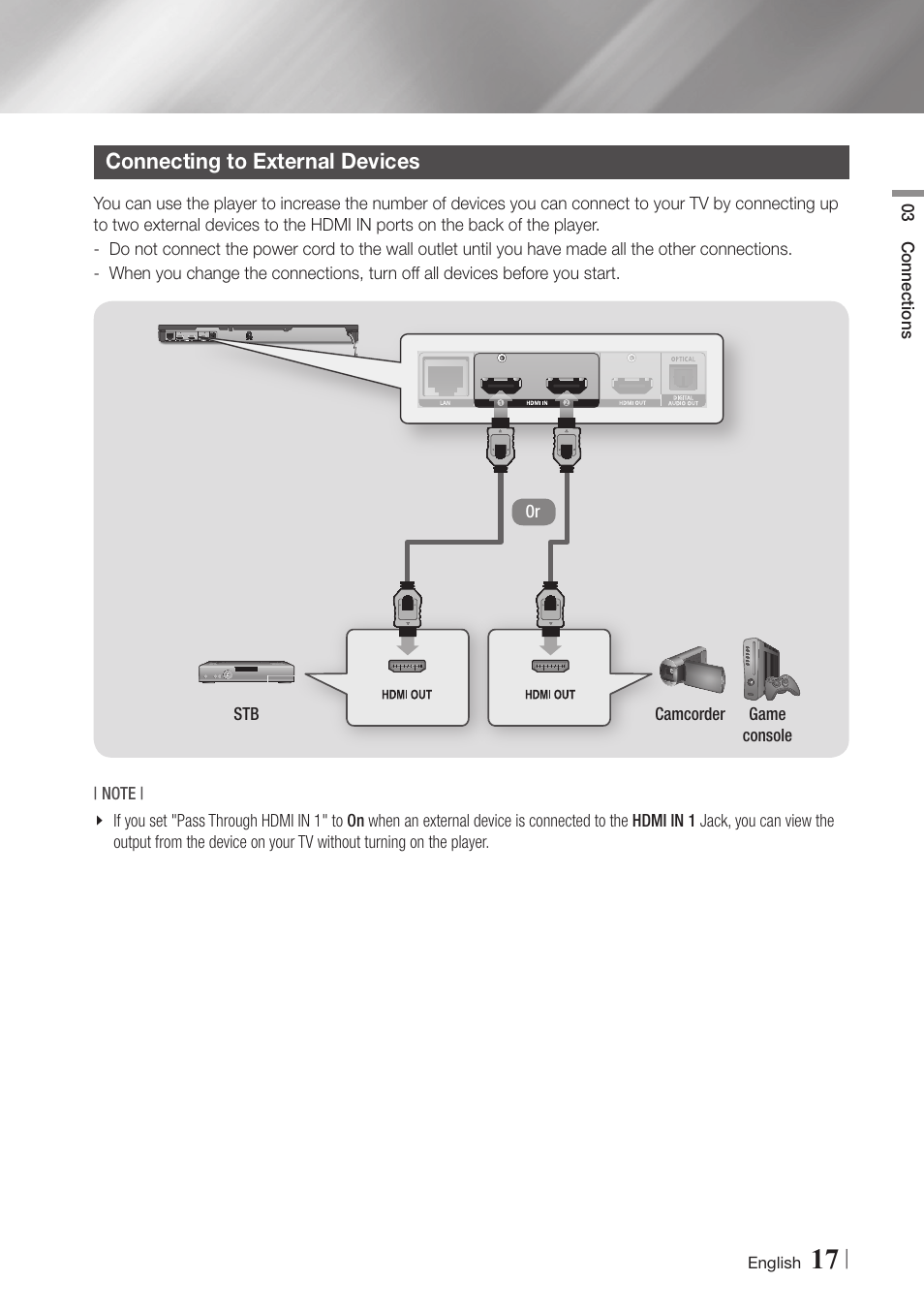 Connecting to external devices, 17 connecting to external devices | Samsung BD-E6500-ZA User Manual | Page 17 / 58