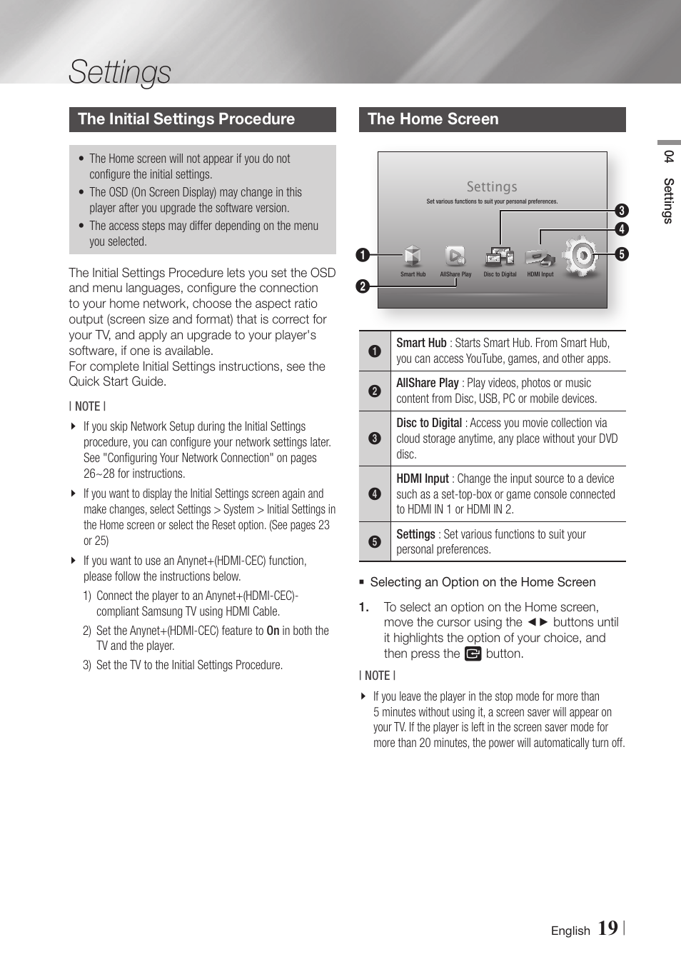 Settings, The initial settings procedure, The home screen | Samsung BD-E6500-ZA User Manual | Page 19 / 58