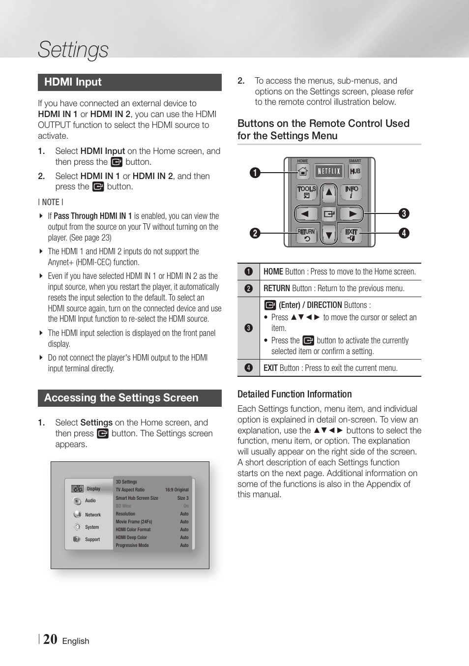 Hdmi input, Accessing the settings screen, 20 hdmi input 20 accessing the settings screen 20 | Buttons on the remote control used for, The settings menu, Settings, Detailed function information | Samsung BD-E6500-ZA User Manual | Page 20 / 58