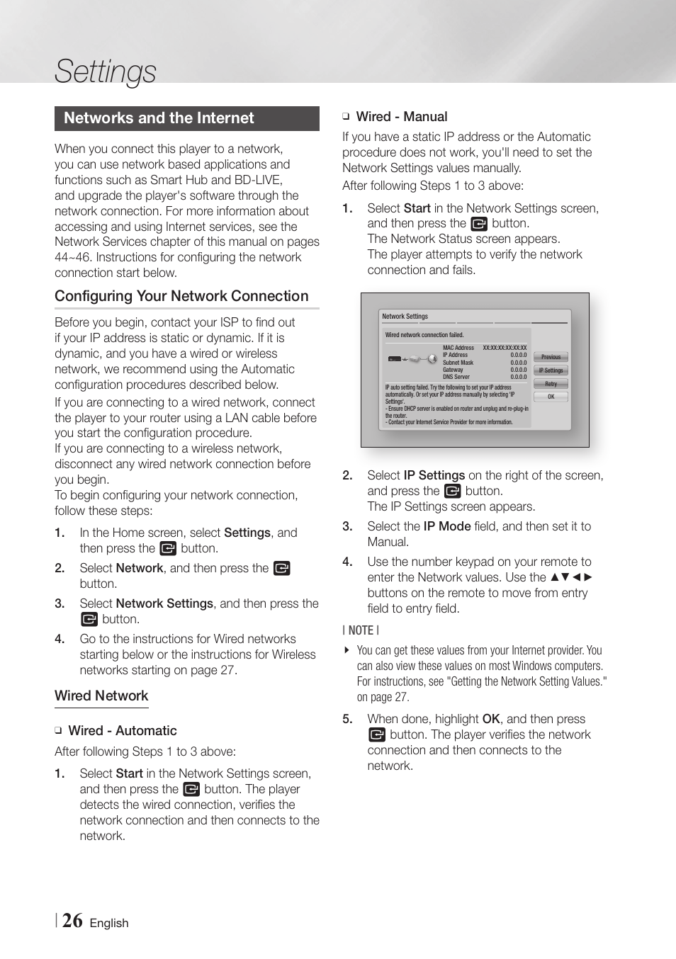 Networks and the internet, Configuring your network connection, 26 networks and the internet 26 | Settings, Wired network | Samsung BD-E6500-ZA User Manual | Page 26 / 58