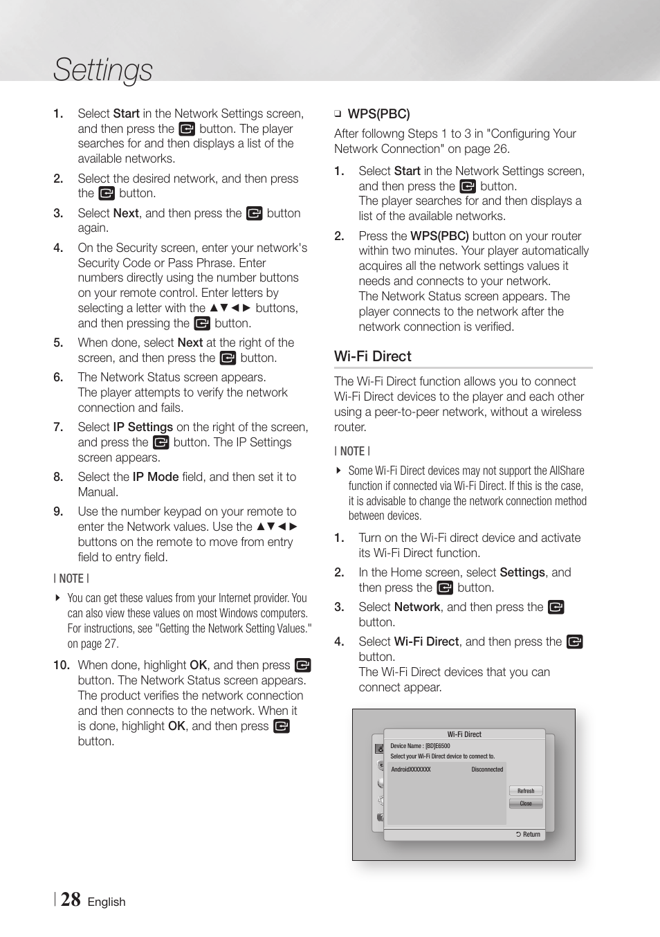 Wi-fi direct, Settings | Samsung BD-E6500-ZA User Manual | Page 28 / 58