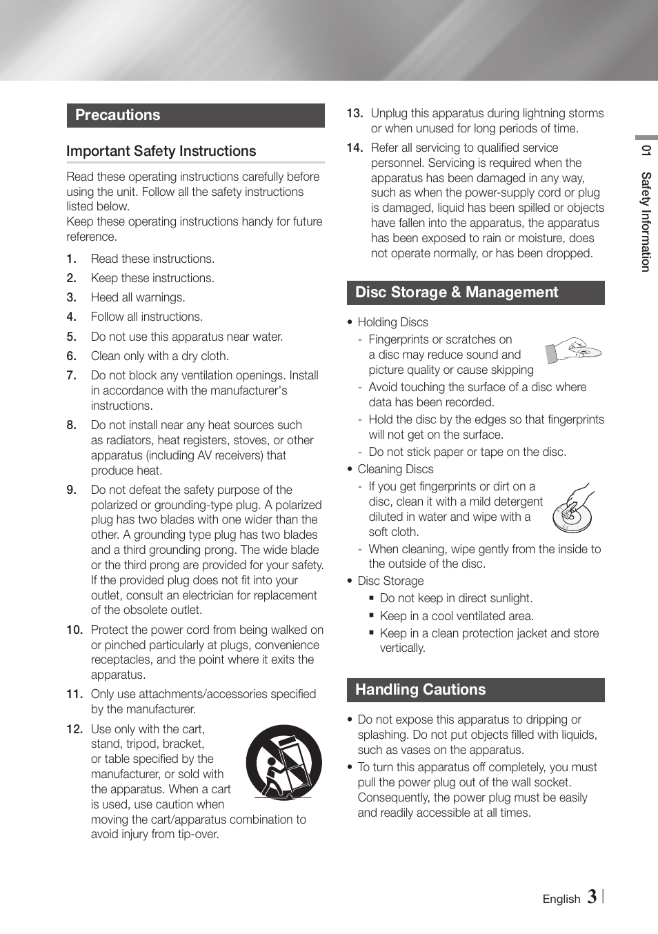 Precautions, Important safety instructions, Disc storage & management | Handling cautions | Samsung BD-E6500-ZA User Manual | Page 3 / 58