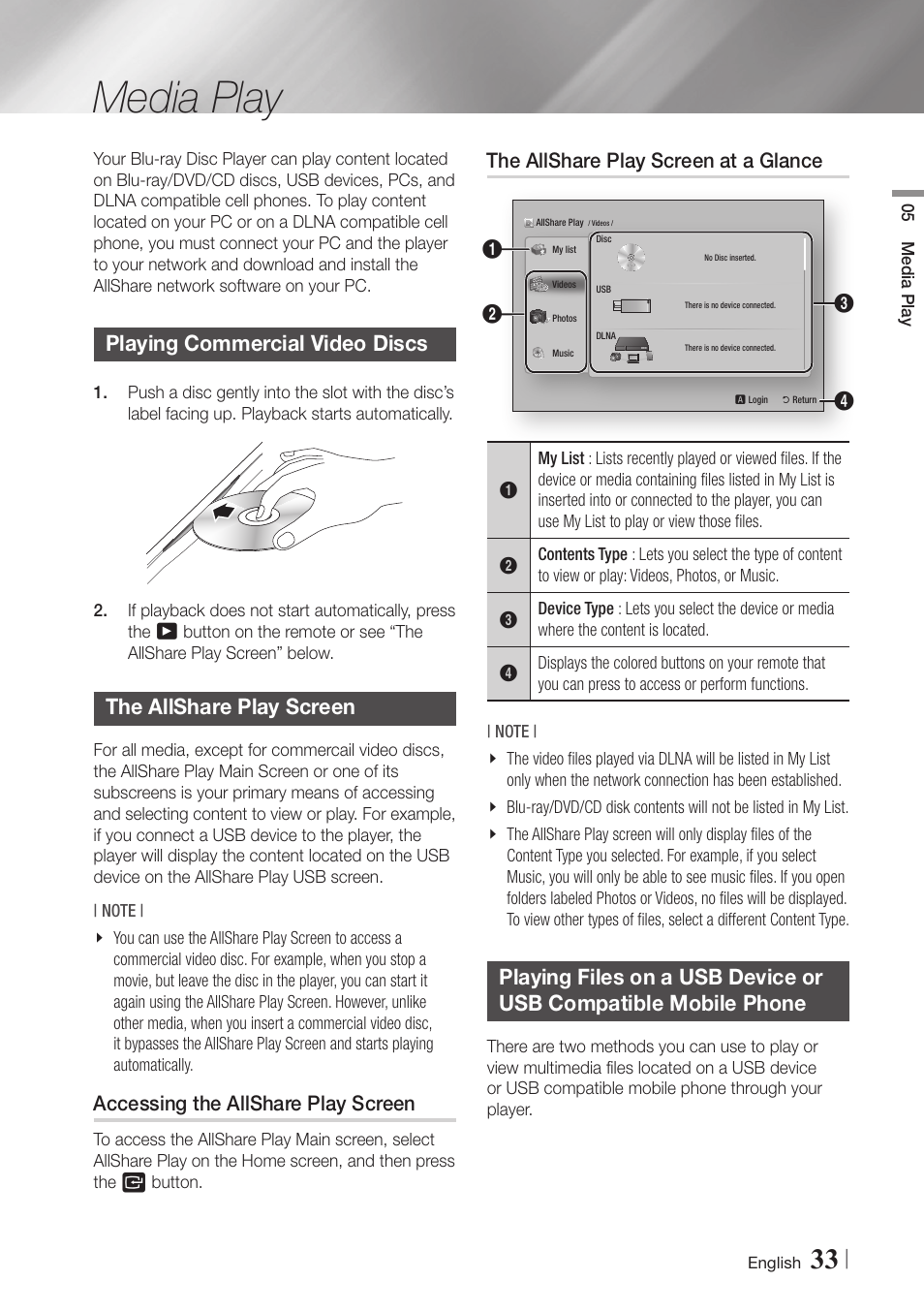 Media play, Playing commercial video discs, The allshare play screen | Accessing the allshare play screen, The allshare play screen at a glance, 33 playing files on a usb device or usb, Compatible mobile phone | Samsung BD-E6500-ZA User Manual | Page 33 / 58