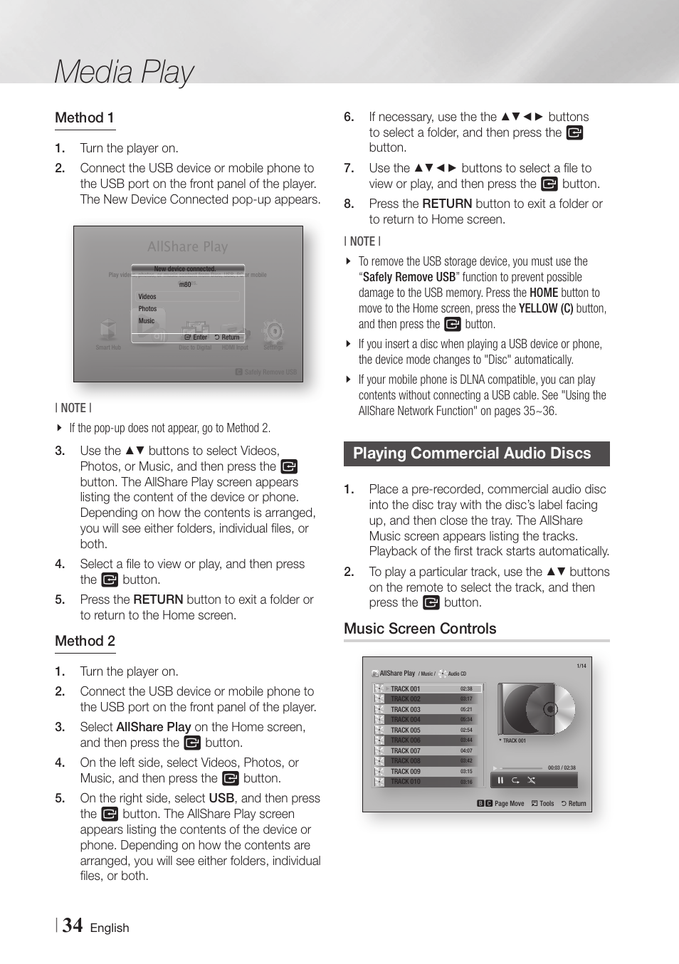 Playing commercial audio discs, Music screen controls, 34 playing commercial audio discs 34 | Media play, Method 1, Method 2, Allshare play | Samsung BD-E6500-ZA User Manual | Page 34 / 58