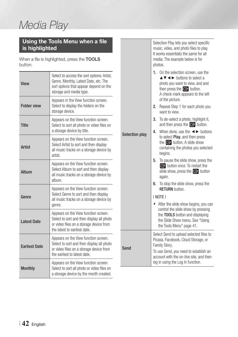 Using the tools menu when a file is highlighted, 42 using the tools menu when a file is, Highlighted | Media play | Samsung BD-E6500-ZA User Manual | Page 42 / 58