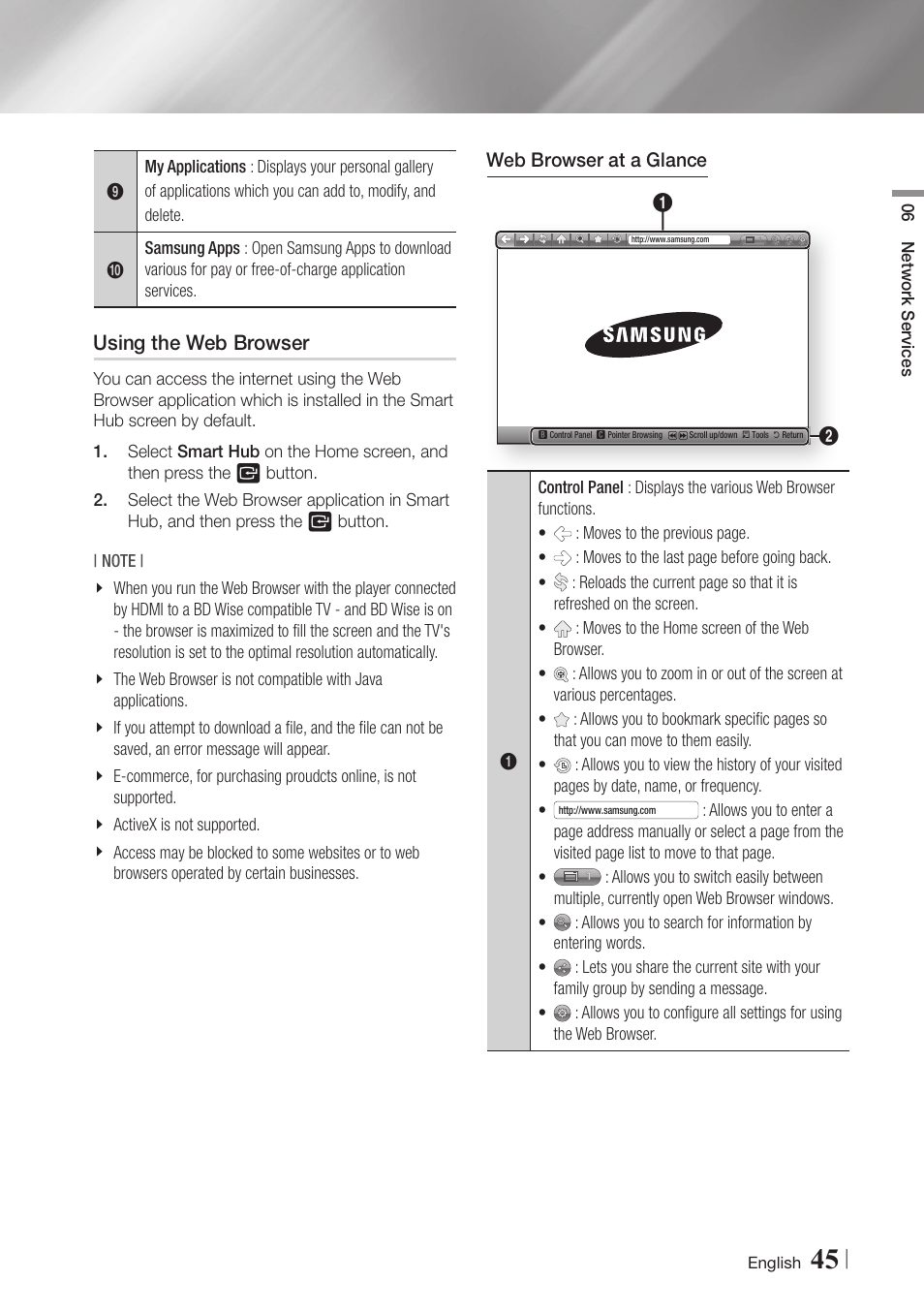 Using the web browser | Samsung BD-E6500-ZA User Manual | Page 45 / 58