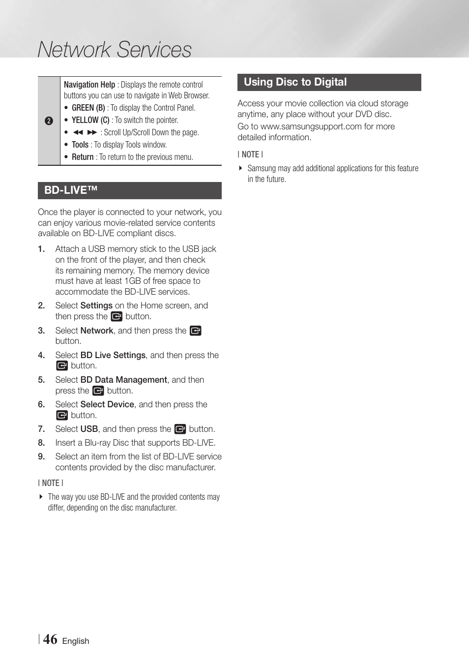 Bd-live, Using disc to digital, 46 bd-live™ 46 using disc to digital | Network services | Samsung BD-E6500-ZA User Manual | Page 46 / 58