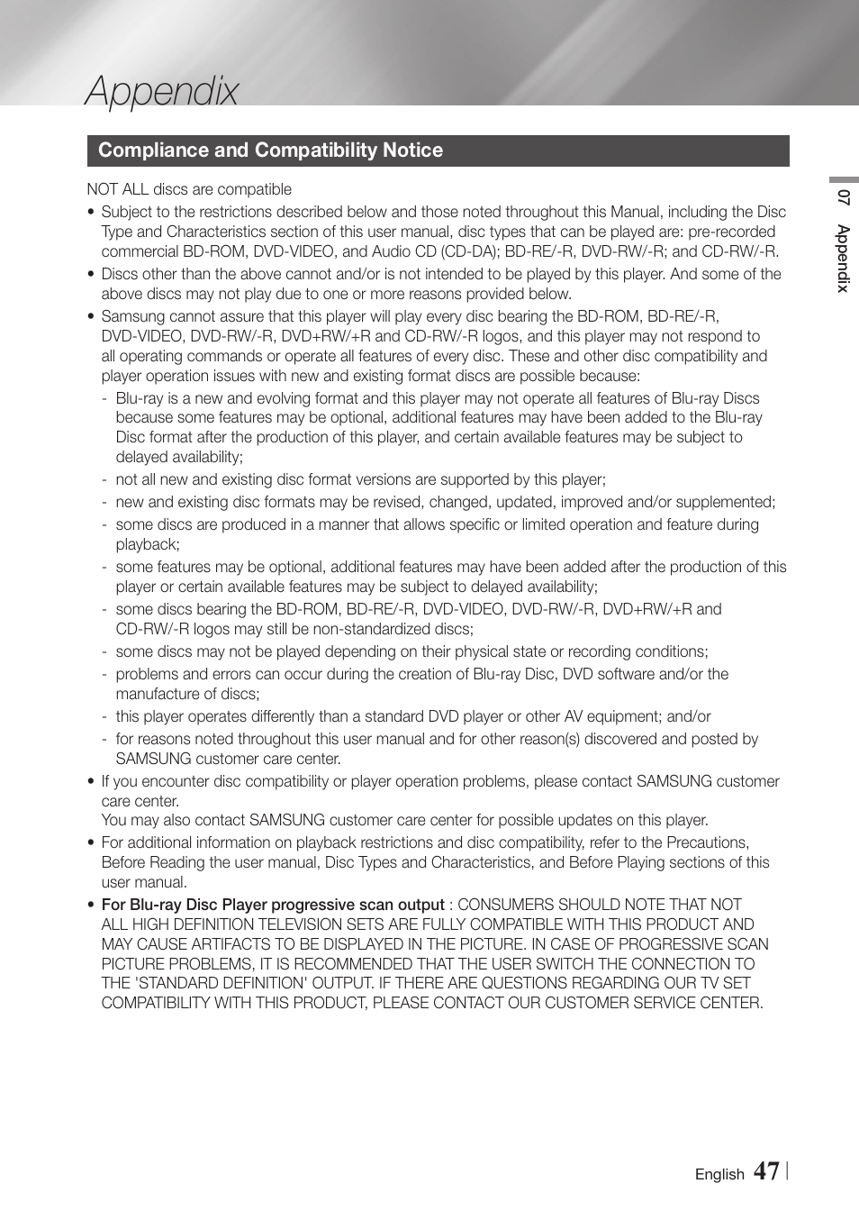 Appendix, Compliance and compatibility notice, 47 compliance and compatibility notice | Samsung BD-E6500-ZA User Manual | Page 47 / 58