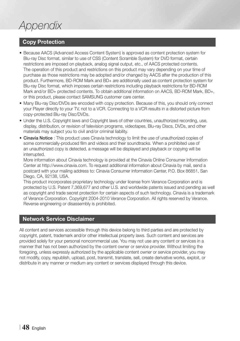 Copy protection, Network service disclaimer, 48 copy protection 48 network service disclaimer | Appendix | Samsung BD-E6500-ZA User Manual | Page 48 / 58