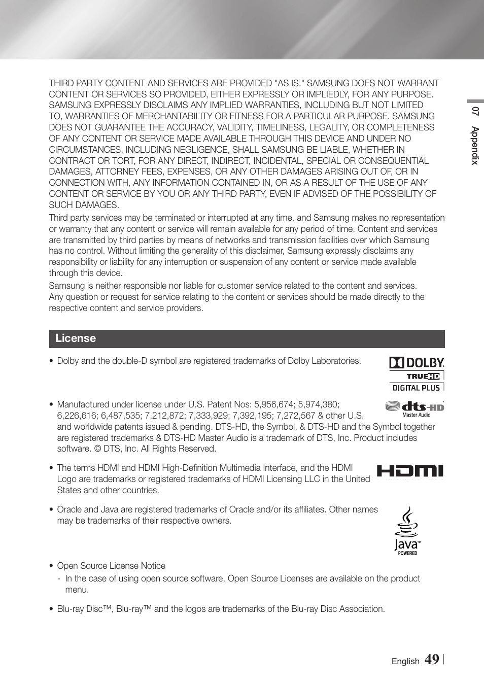 License, 49 license | Samsung BD-E6500-ZA User Manual | Page 49 / 58