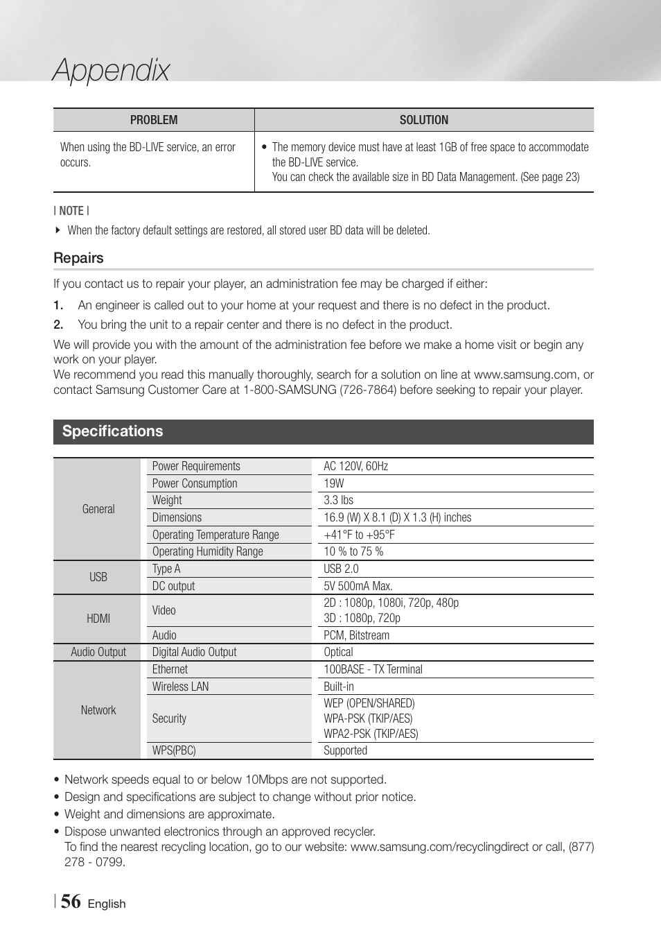 Repairs, Specifications, 56 repairs 56 specifications | Appendix | Samsung BD-E6500-ZA User Manual | Page 56 / 58