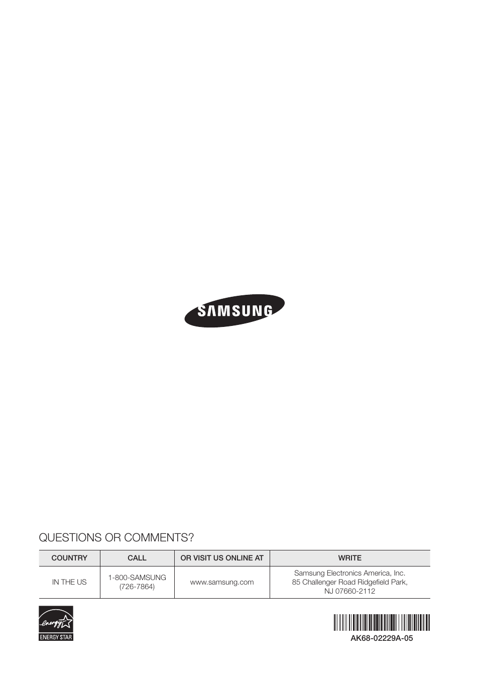 Questions or comments | Samsung BD-E6500-ZA User Manual | Page 58 / 58