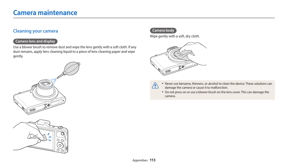 Camera maintenance, Cleaning your camera | Samsung EC-WB50FZBPBUS User Manual | Page 114 / 140