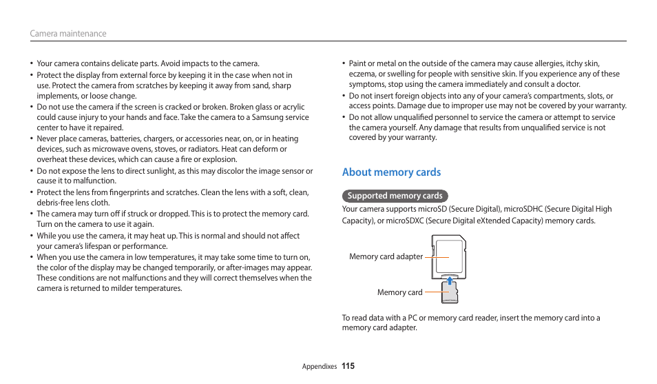 About memory cards | Samsung EC-WB50FZBPBUS User Manual | Page 116 / 140