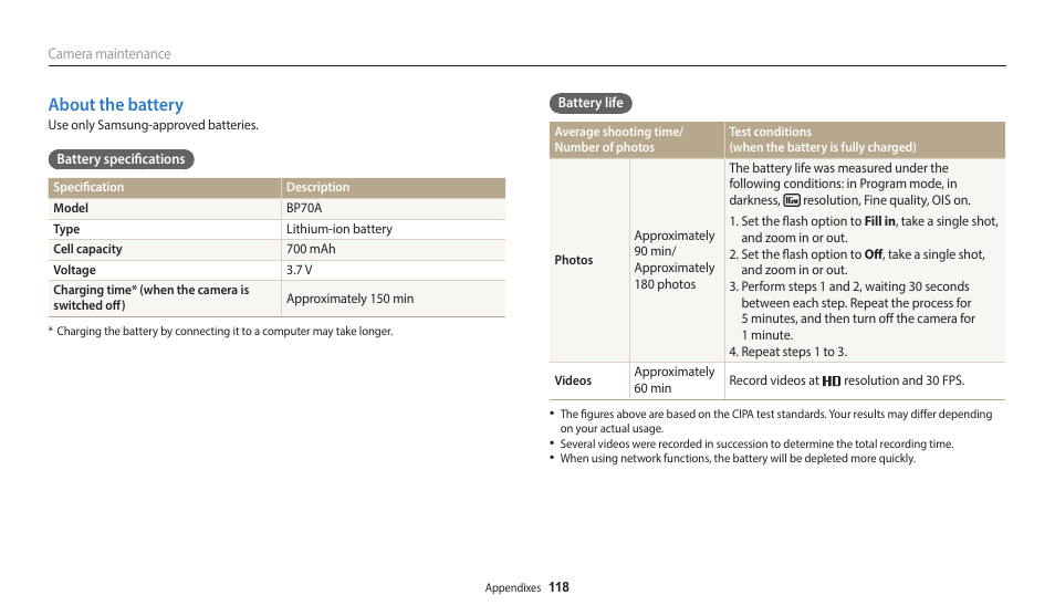 About the battery | Samsung EC-WB50FZBPBUS User Manual | Page 119 / 140