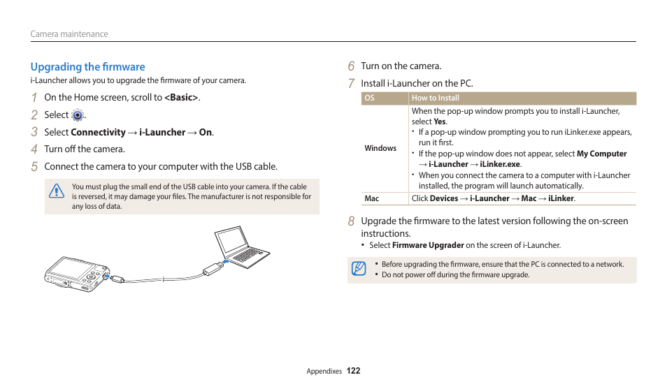 Upgrading the firmware | Samsung EC-WB50FZBPBUS User Manual | Page 123 / 140
