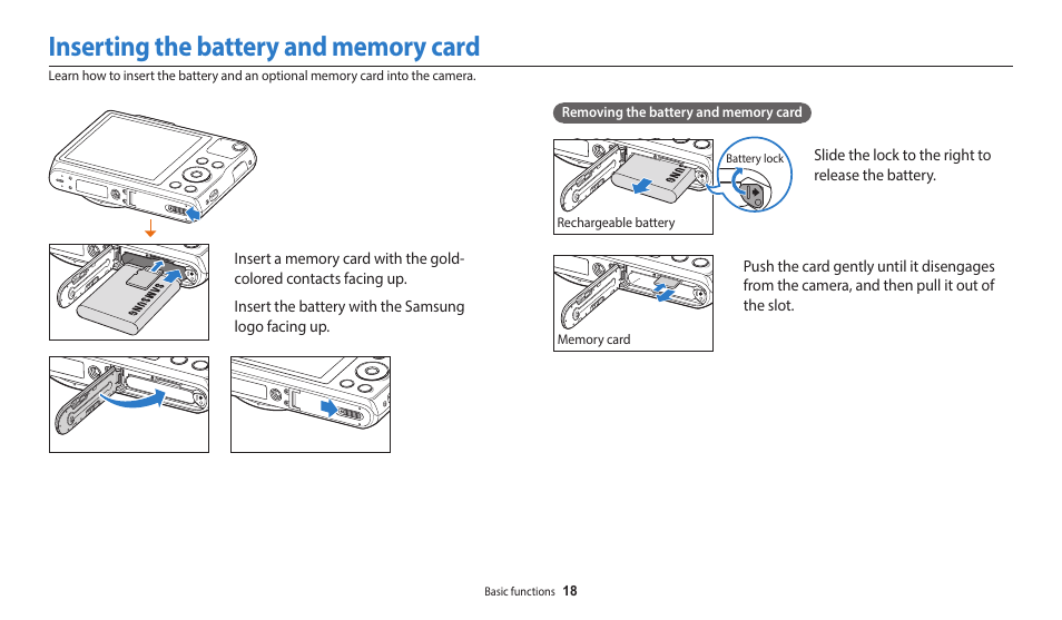 Inserting the battery and memory card | Samsung EC-WB50FZBPBUS User Manual | Page 19 / 140