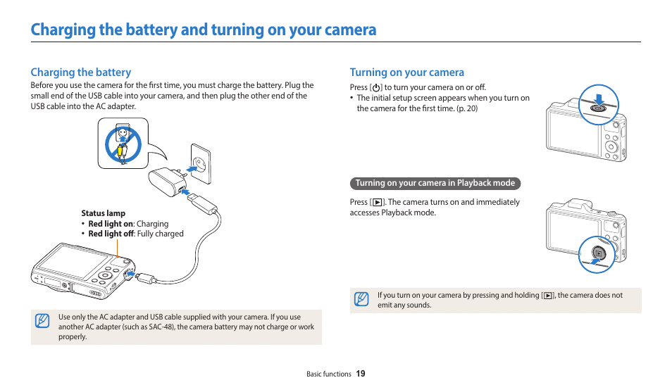 Charging the battery and turning on your camera, Charging the battery, Turning on your camera | Charging the battery turning on your camera | Samsung EC-WB50FZBPBUS User Manual | Page 20 / 140