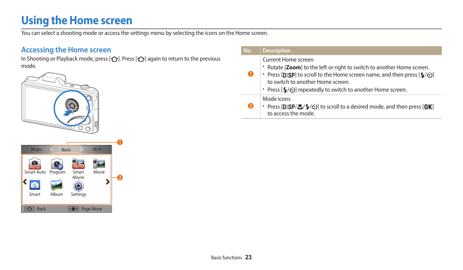 Using the home screen, Accessing the home screen | Samsung EC-WB50FZBPBUS User Manual | Page 24 / 140