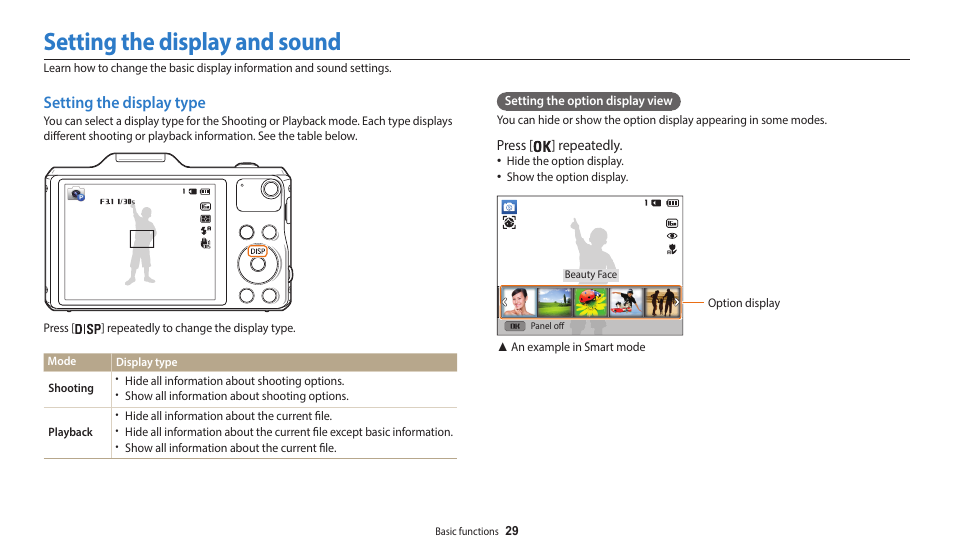 Setting the display and sound, Setting the display type | Samsung EC-WB50FZBPBUS User Manual | Page 30 / 140