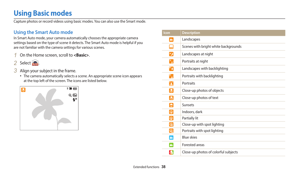 Using basic modes, Using the smart auto mode | Samsung EC-WB50FZBPBUS User Manual | Page 39 / 140