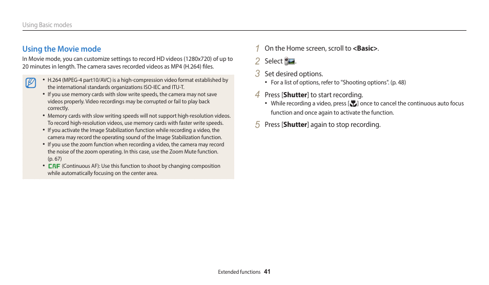 Using the movie mode | Samsung EC-WB50FZBPBUS User Manual | Page 42 / 140