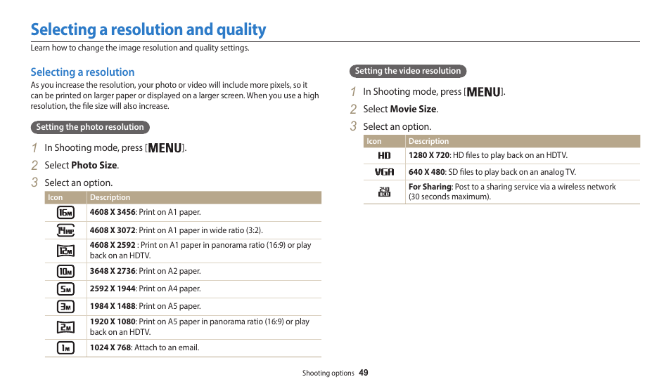 Selecting a resolution and quality, Selecting a resolution | Samsung EC-WB50FZBPBUS User Manual | Page 50 / 140
