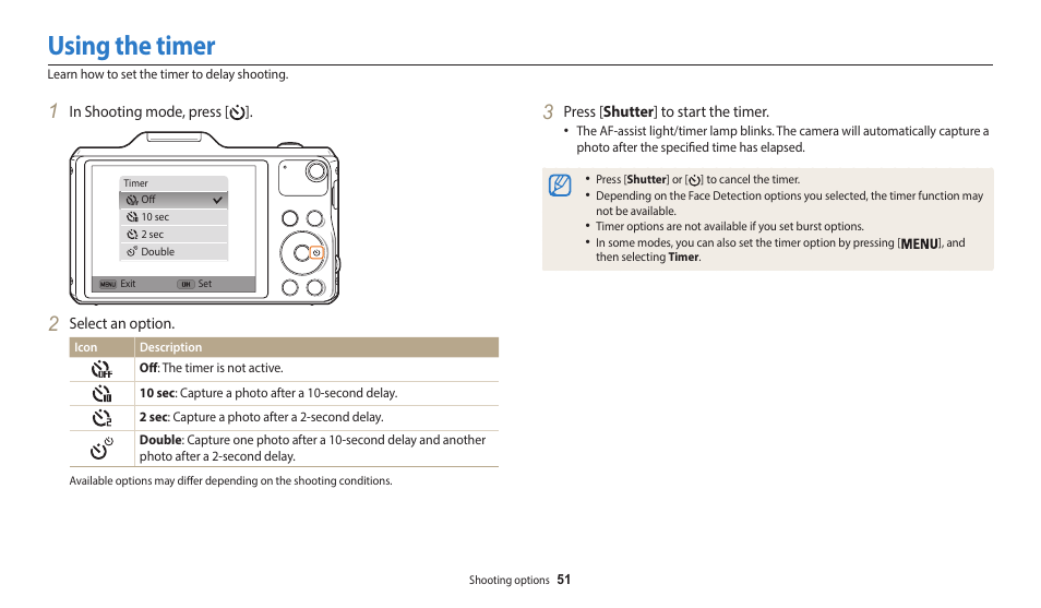 Using the timer | Samsung EC-WB50FZBPBUS User Manual | Page 52 / 140