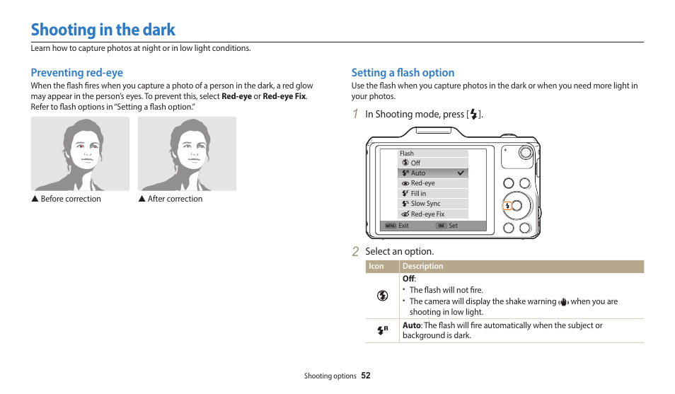 Shooting in the dark, Preventing red-eye, Setting a flash option | Preventing red-eye setting a flash option | Samsung EC-WB50FZBPBUS User Manual | Page 53 / 140