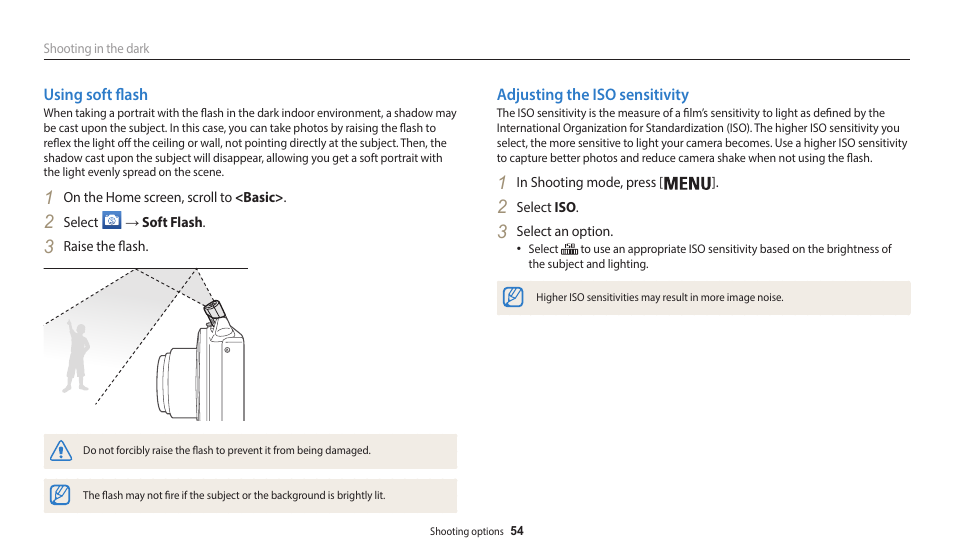 Using soft flash, Adjusting the iso sensitivity, Using soft flash adjusting the iso sensitivity | Samsung EC-WB50FZBPBUS User Manual | Page 55 / 140