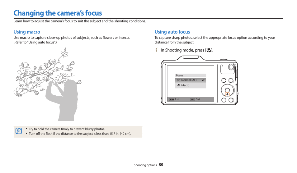 Changing the camera’s focus, Using macro, Using auto focus | Using macro using auto focus | Samsung EC-WB50FZBPBUS User Manual | Page 56 / 140
