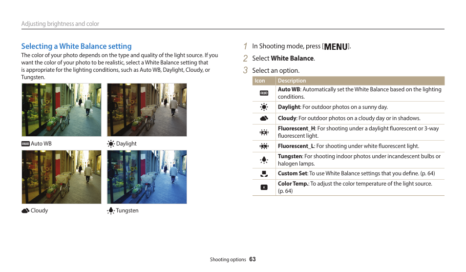 Selecting a white balance setting | Samsung EC-WB50FZBPBUS User Manual | Page 64 / 140
