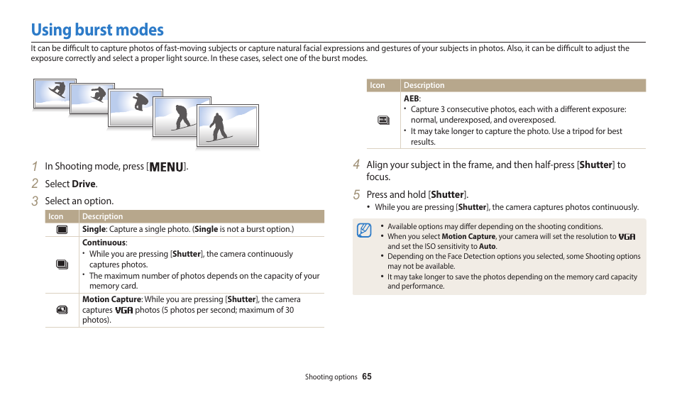 Using burst modes | Samsung EC-WB50FZBPBUS User Manual | Page 66 / 140