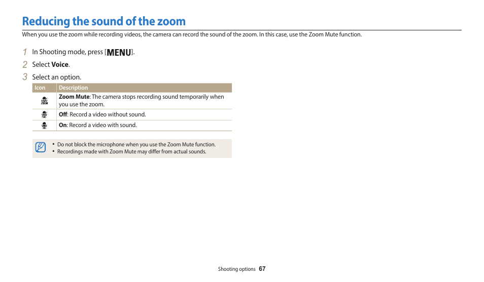 Reducing the sound of the zoom | Samsung EC-WB50FZBPBUS User Manual | Page 68 / 140