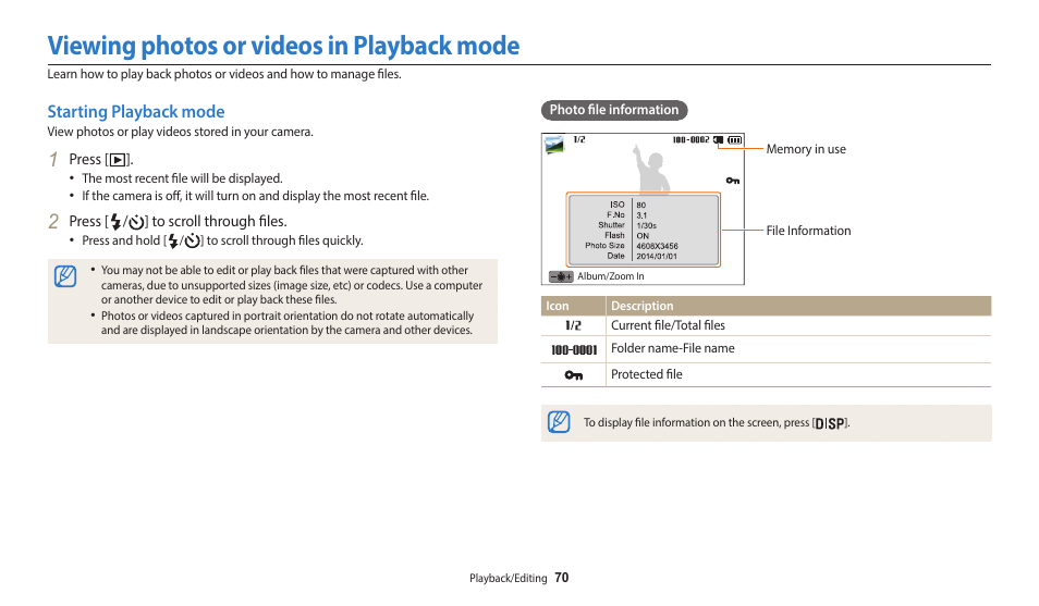 Viewing photos or videos in playback mode, Starting playback mode | Samsung EC-WB50FZBPBUS User Manual | Page 71 / 140