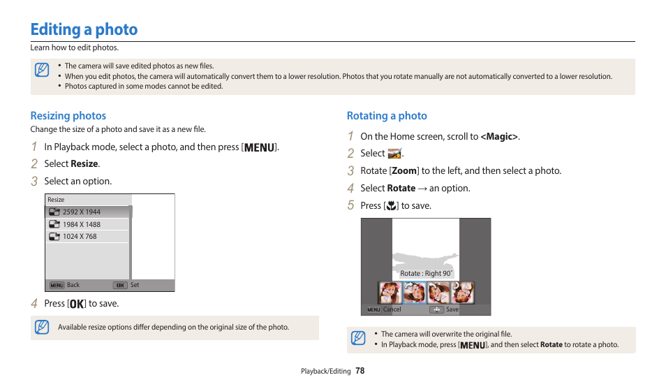 Editing a photo, Resizing photos, Rotating a photo | Resizing photos rotating a photo | Samsung EC-WB50FZBPBUS User Manual | Page 79 / 140