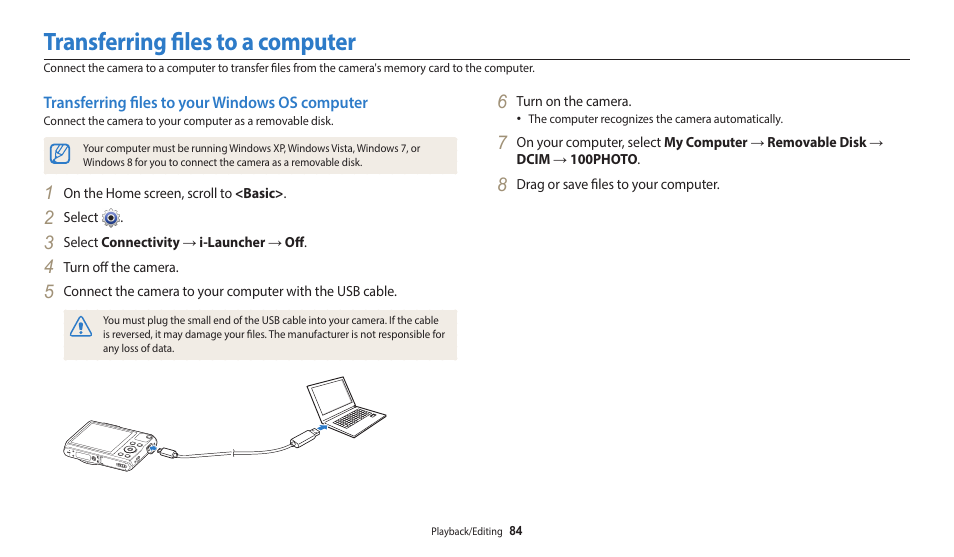 Transferring files to a computer, Transferring files to your windows os computer | Samsung EC-WB50FZBPBUS User Manual | Page 85 / 140