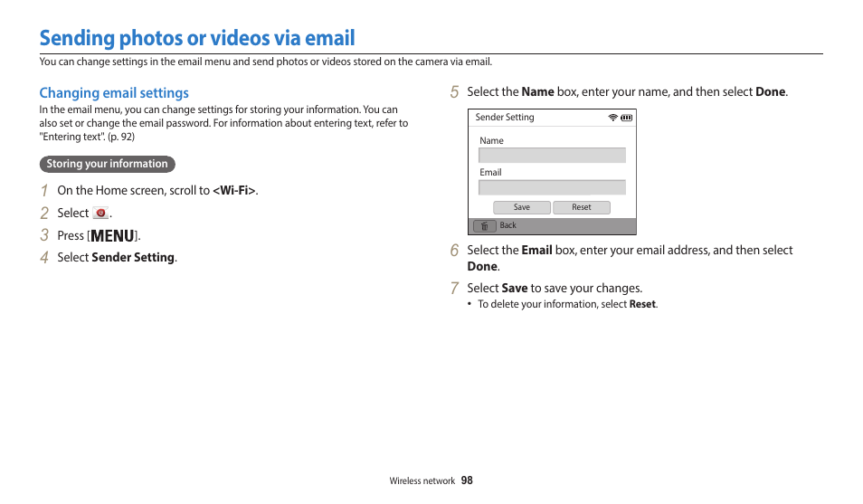 Sending photos or videos via email, Changing email settings | Samsung EC-WB50FZBPBUS User Manual | Page 99 / 140