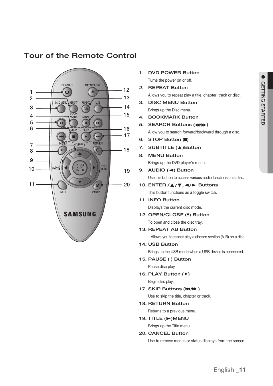 Tour of the remote control, English _11 | Samsung DVD-H1080R-XAA User Manual | Page 11 / 67