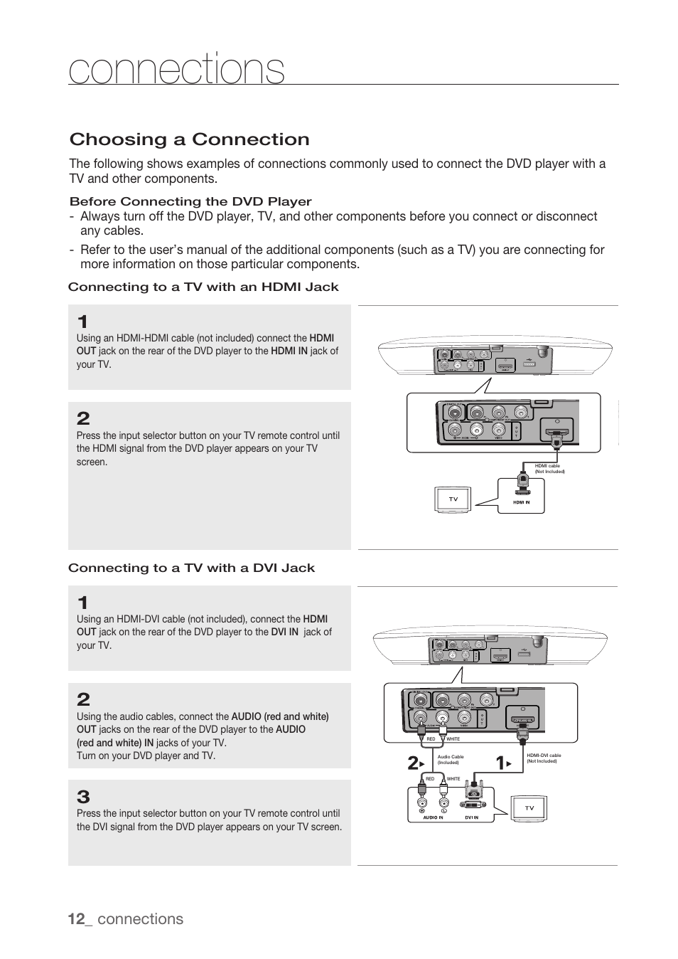Connections, Choosing a connection, Connecting to a tv with an hdmi jack | Connecting to a tv with a dvi jack, 1_ connections | Samsung DVD-H1080R-XAA User Manual | Page 12 / 67