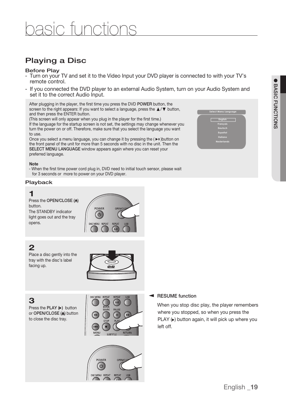 Basic functions, Playing a disc, English _1 | Samsung DVD-H1080R-XAA User Manual | Page 19 / 67