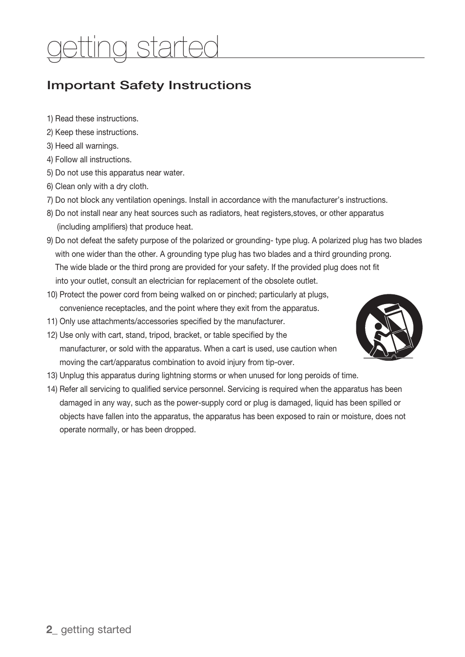 Getting started, Important safety instructions | Samsung DVD-H1080R-XAA User Manual | Page 2 / 67